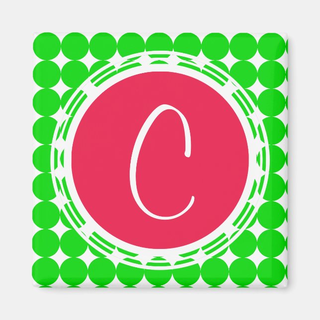 Aimant Monogramme de point de polka rouge et vert (Devant)
