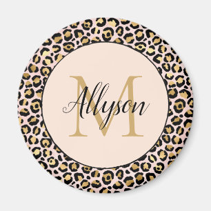 Aimant Monogramme Empreinte de léopard noir rose vif