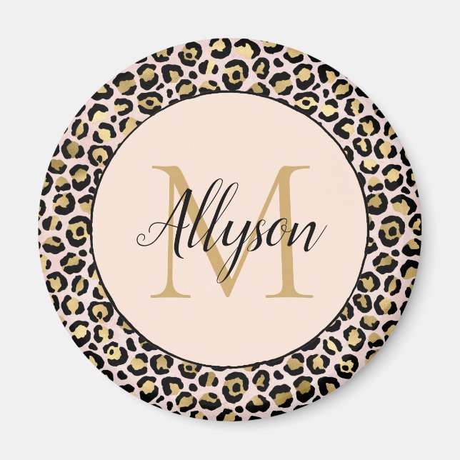Aimant Monogramme Empreinte de léopard noir rose vif (Devant)