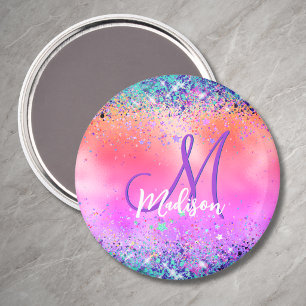 Aimant Monogramme faux paillettes iridescent orange rose