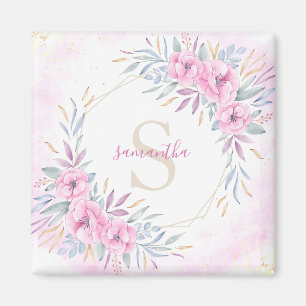 Aimant Monogramme Fleurs rose pâle Aquarelle Élégante