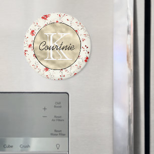 Aimant Monogramme floral or et crème rouge