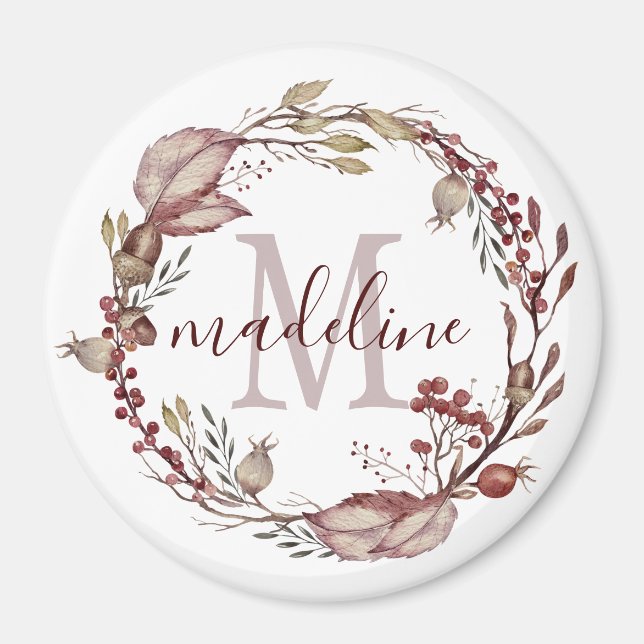 Aimant Monogramme floral personnalisé Feuillage rouge d'a (Devant)