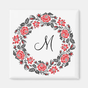 Aimant Monogramme initial des roses rouges à point croisé