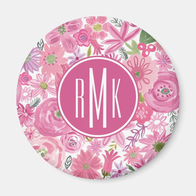Aimant Monogramme | Je fais Pink Aquarelle Motif Floral (Devant)
