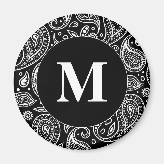 Aimant Monogramme noir et blanc Motif floral Paisley (Devant)