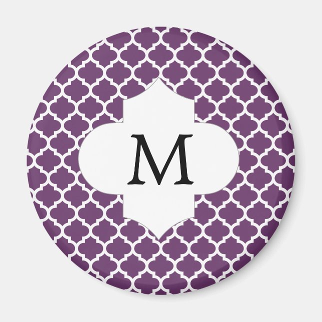 Aimant Monogramme personnalisé Quatrefoil violet et blanc (Devant)