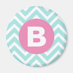 Aimant Monogramme rose chevron bleu clair tendance