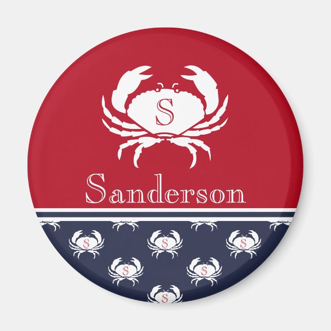 Aimant Monogramme Rouge Blanc Marine Bleu Crabe Nautique (Devant)