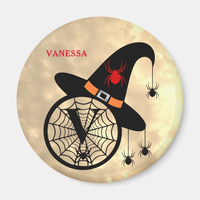 Aimant Monogramme V Halloween Sky Witch Nom des araignées (Devant)