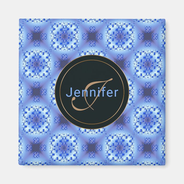 Aimant motif abstrait ethnique géométrique bleu. (Devant)