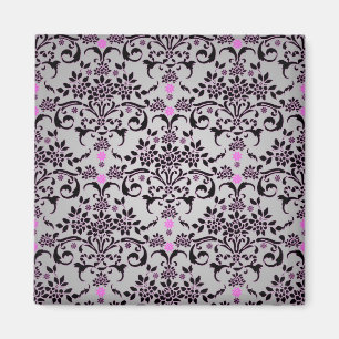 Aimant Motif damassé floral noir argenté violet élégant