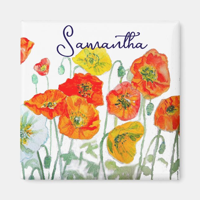 Aimant Motif de fleur de pavot rouge orange Merci (Devant)