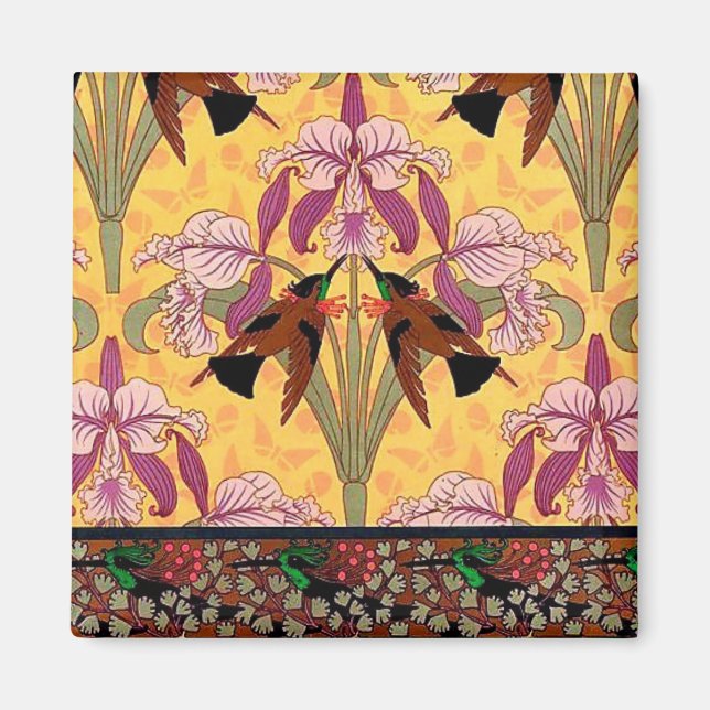 Aimant Motif en tuiles de colibri et de fleurs Art nouvea (Devant)