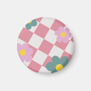 Aimant Motif floral à carreaux rose – Fleur mignonne rétr
