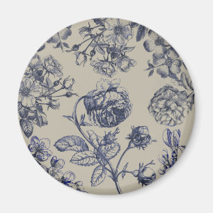Aimant Motif floral botanique toile bleue vintage antique
