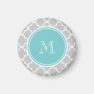 Aimant Motif gris de Quatrefoil, monogramme turquoise