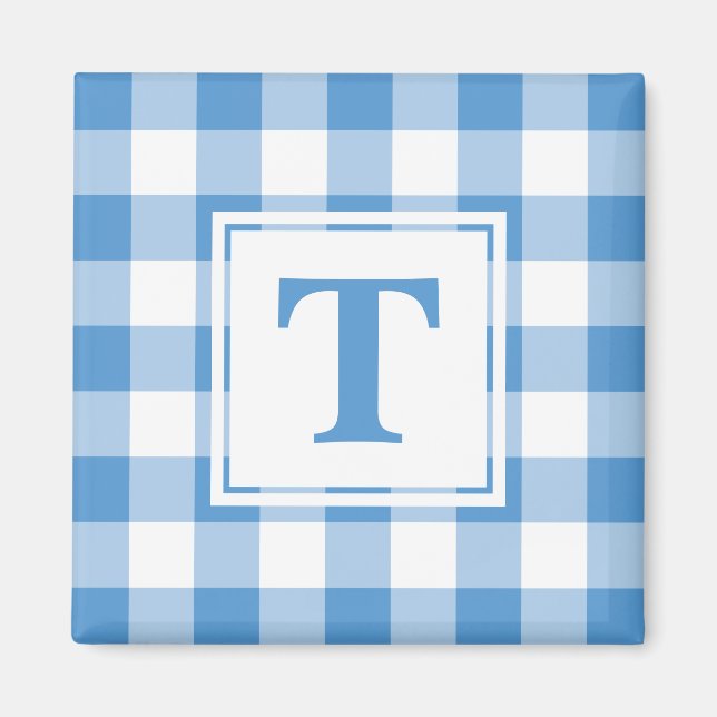 Aimant Motif Plaid bleu clair et blanc avec Monogramme (Devant)