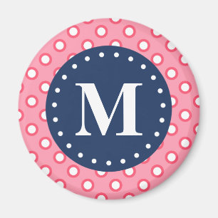Aimant Motif Pois rose Monogramme bleu