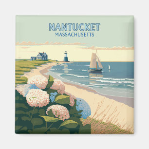 Aimant Nantucket Beach Hydrangeas Lighthouse Rétro