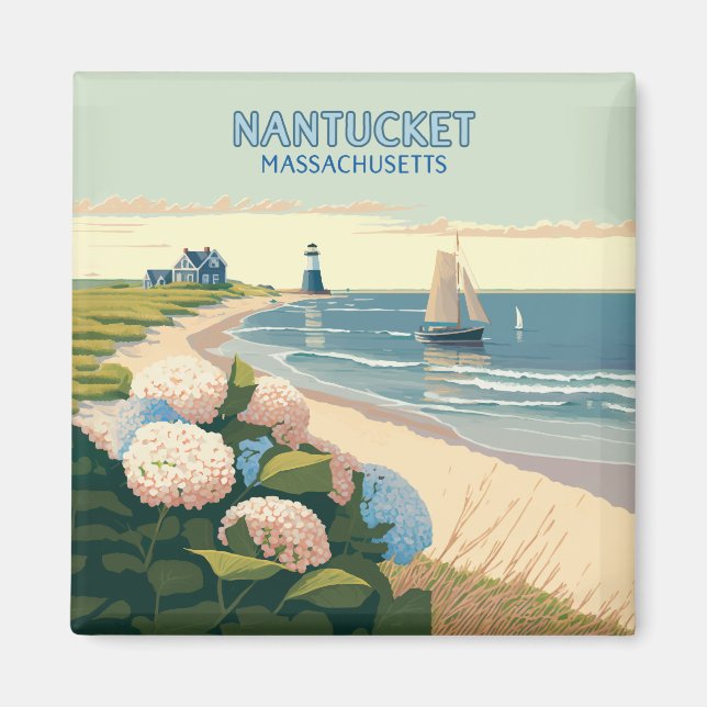 Aimant Nantucket Beach Hydrangeas Lighthouse Rétro (Devant)