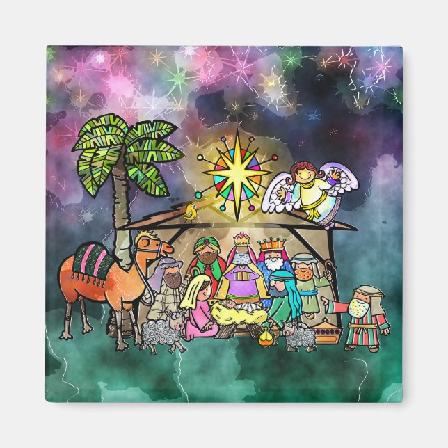 Aimant Nativité de Noël aquarelle Doodle Scène (Devant)