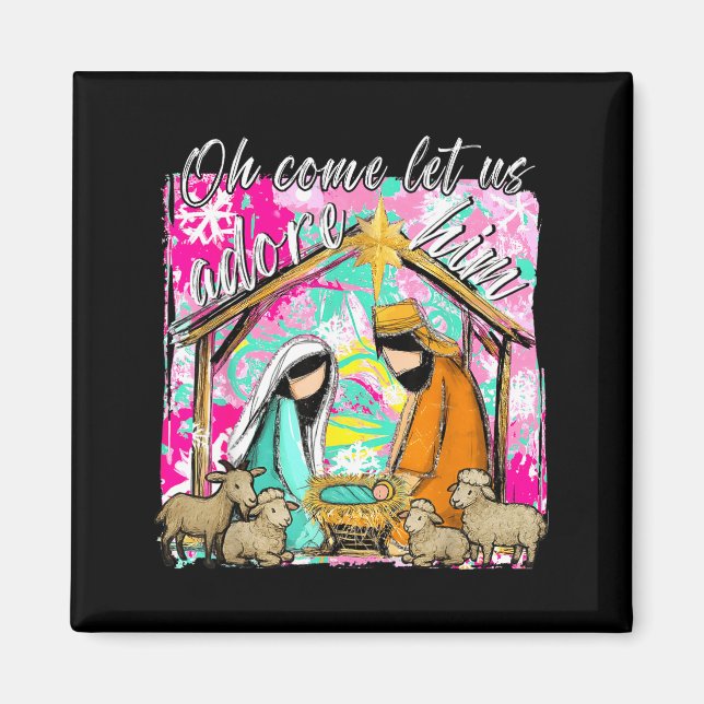 Aimant Nativity Scene Oh Come Let Us Adore Him Christmas  (Devant)