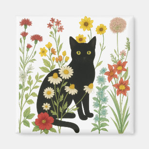 Aimant Nature botanique – Chat noir dans un jardin de fle