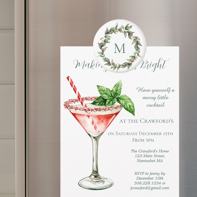 Aimant Noël au monogramme de baie rouge de houx  (Holly Wreath Magnet)