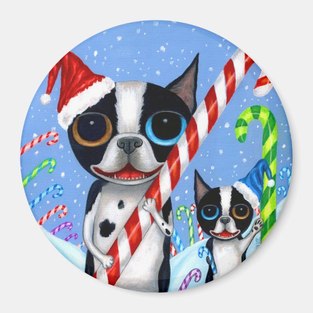 Aimant Noël Boston Terrier Chiens Sucre de canne Santa Ha (Devant)