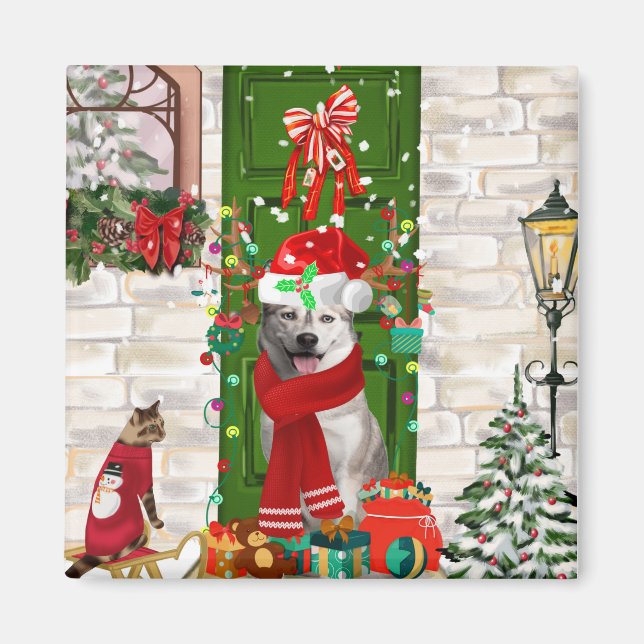 Aimant Noël de Chien Husky Sibérien (Devant)