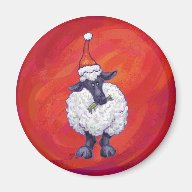 Aimant Noël des moutons sur rouge (Devant)