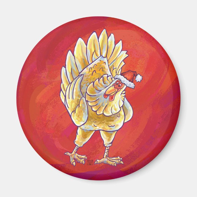 Aimant Noël Du Poulet Sur Rouge (Devant)