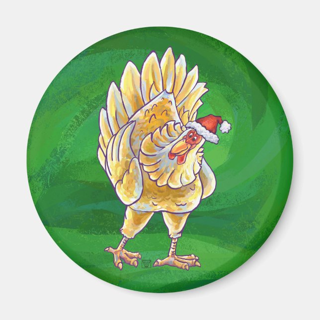 Aimant Noël Du Poulet Sur Vert (Devant)