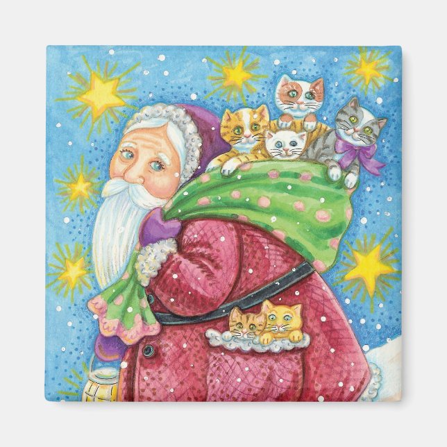 Aimant Noël mignon, Père Noël avec chatons et chats ! (Devant)