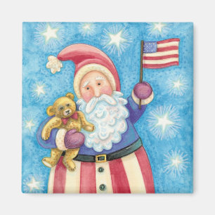 Aimant Noël mignon, Père Noël patriotique avec drapeau