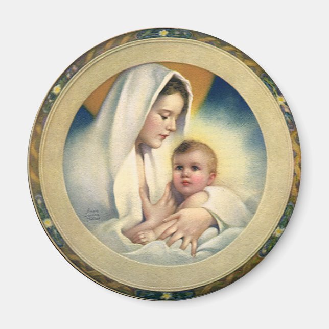Aimant Noël religieux vintage, Vierge et Enfant (Devant)