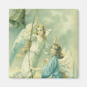 Aimant Noël vintage, anges victoriens avec une cloche