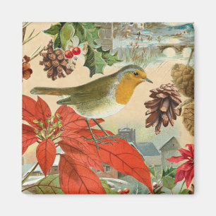 Aimant Noël vintage avec oiseau et fleurs