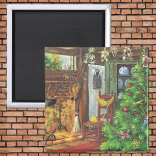 Aimant Noël vintage, chalet en rondins confortable avec c