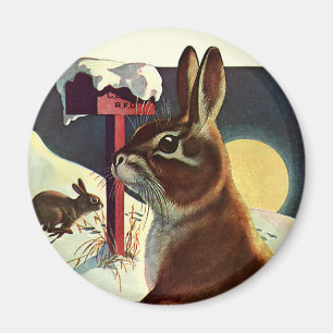 Aimant Noël vintage, lapins dans une prairie hivernale de