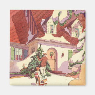 Aimant Noël vintage, Maison de famille dans la neige