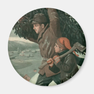 Aimant Noël vintage, père et fils coupent un arbre