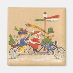 Aimant Noël vintage, Père Noël à bicyclette