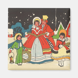 Aimant Noël vintage, une famille chantant des chants de m