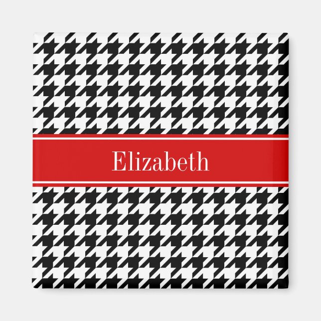 Aimant Noir Blanc Houndstooth Nom rouge Monogramme (Devant)