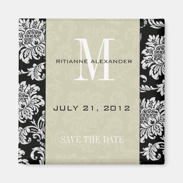 Aimant Noir Damask Gris Monogramme Enregistrer La Date (Devant)