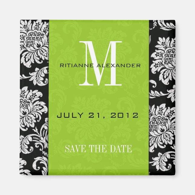 Aimant Noir Damask Monogramme Vert Enregistrer La Date (Devant)