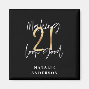 Aimant Noir et or 21e anniversaire script moderne design