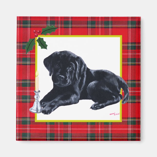 Aimant Noir Labrador Chiot et Santa Hat Noël (Devant)